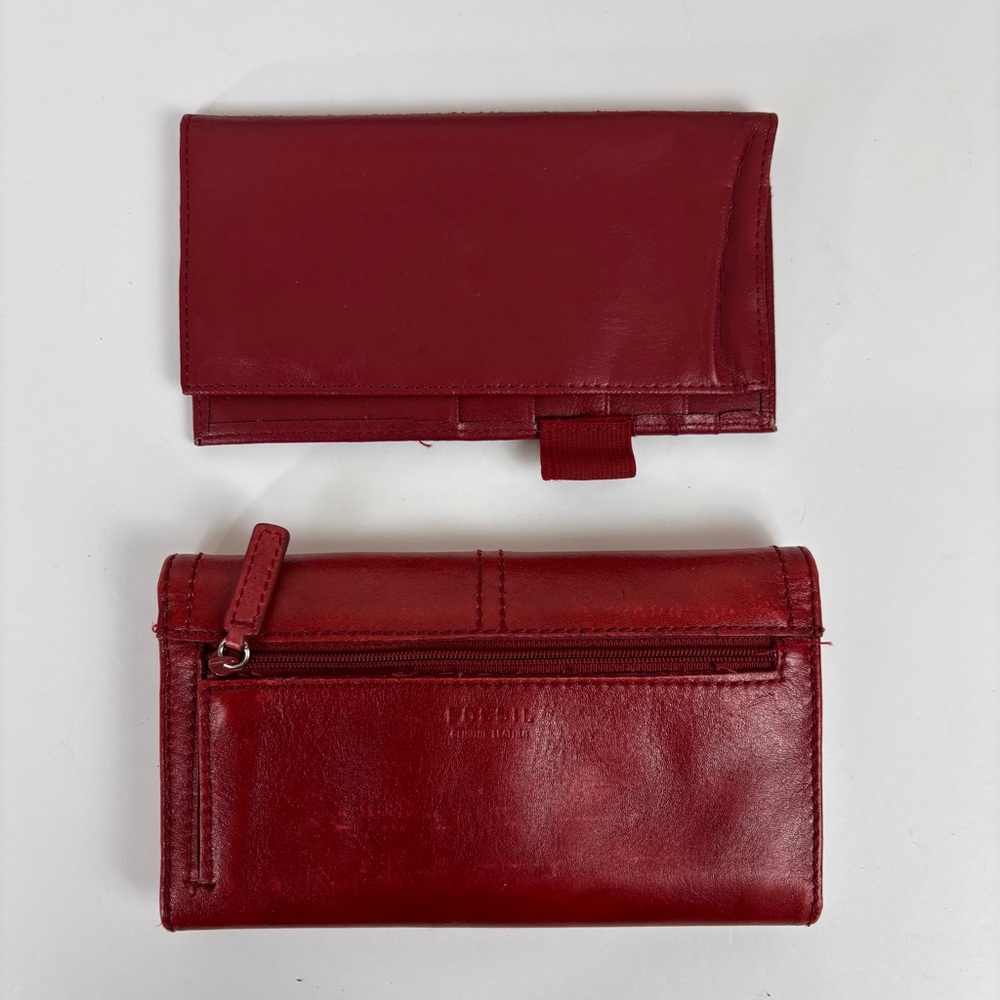 Fossil 2-Pc Set Leather Crossbody Purse Leather Organizer Clutch Wallet Red - Picture 10 of 15